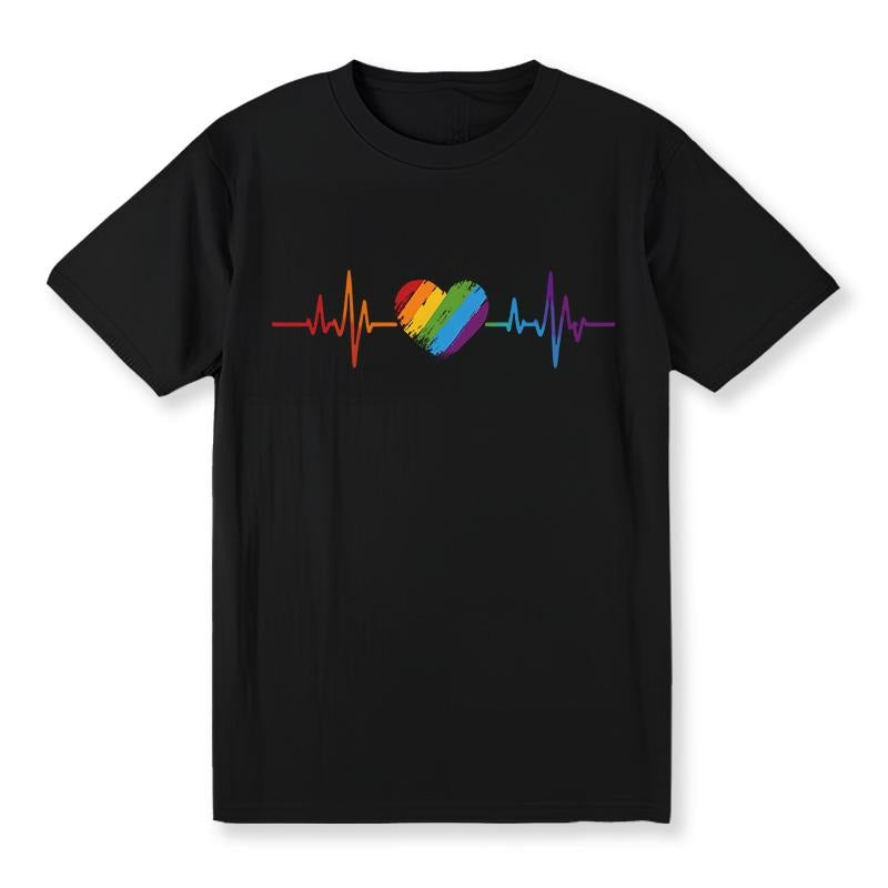 [100% Cotton] Mature & Casual Pride Month Rainbow Heartbeat Pattern Men Regular Shoulder Black Short Sleeve T-Shirt For...