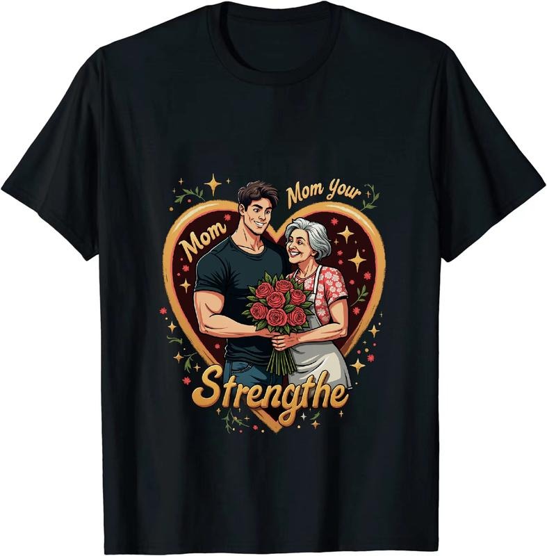 [100% Cotton] Strong Mom And Son Heartwarming Family Love T-Shirt With Golden Outline Design Hoodie, Sweatshirt