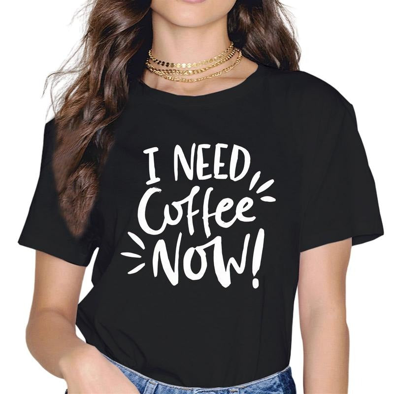 [100% Cotton] T-shirts For Women Summer Tee Shirt Female I Need Coffee Letter Printed Casual Short Sleeve Round Neck Tops...