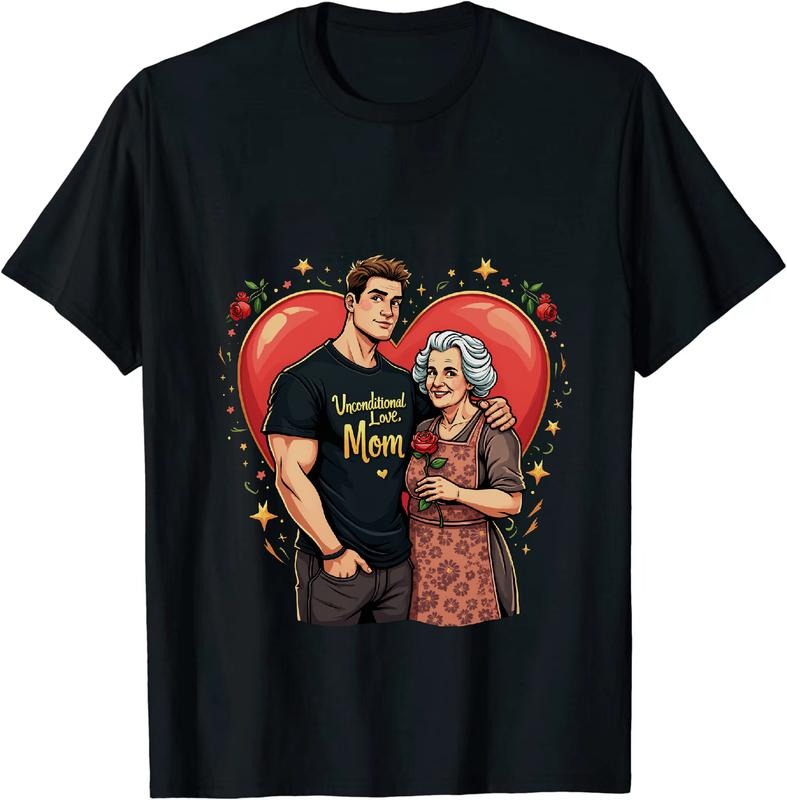 [100% Cotton] Unbreakable Love Mom And Son Heartwarming Cartoon T-Shirt With Red Hearts Design Hoodie, Sweatshirt