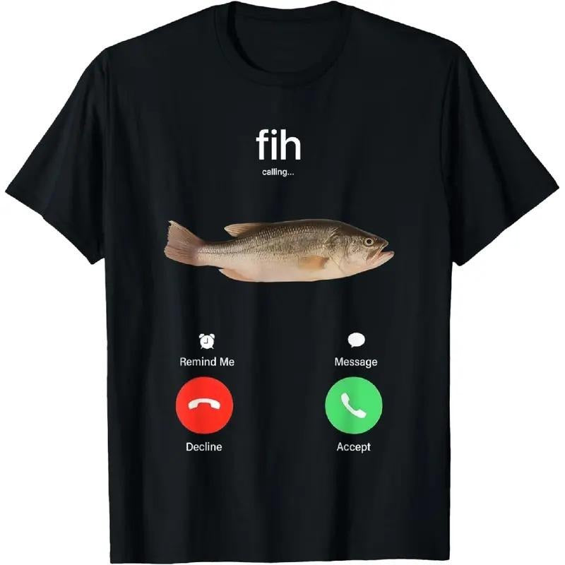 100% Cotton Fih Calling Remind me Message Decline Accept Phone Call Fish T-Shirt, Menswear Graphic Tee, Gift for Men for...