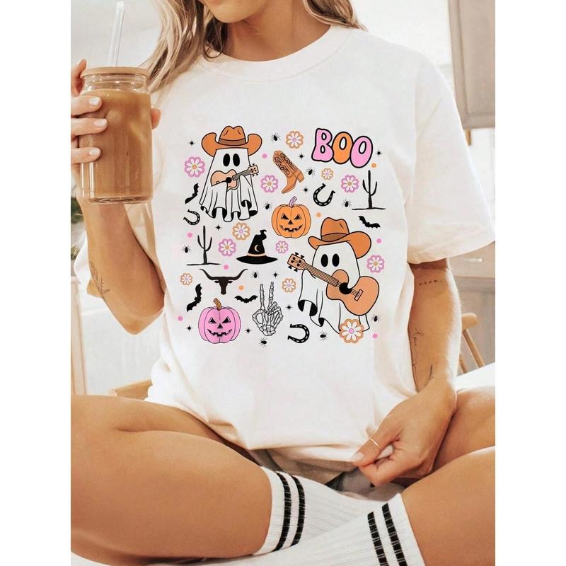 100% Cotton Halloween Graphic Women T Shirt Spooky Ghost Cowboy Cute Halloween Boo Western Retro Pastel T-Shirt Hoodie,...