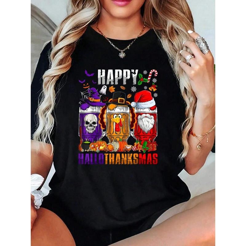 100% Cotton Happy Hallothanksmas Beer Halloween Thanksgiving Christmas T-Shirt Outfits For Women Hoodie, Sweatshirt