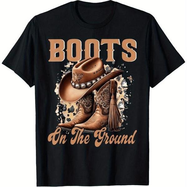 100% Cotton Men'S Western Cowboy Boots Graphic T-Shirt - "Boots On The Ground" Design Streetwear Casual Golf Gift T-Shirt...