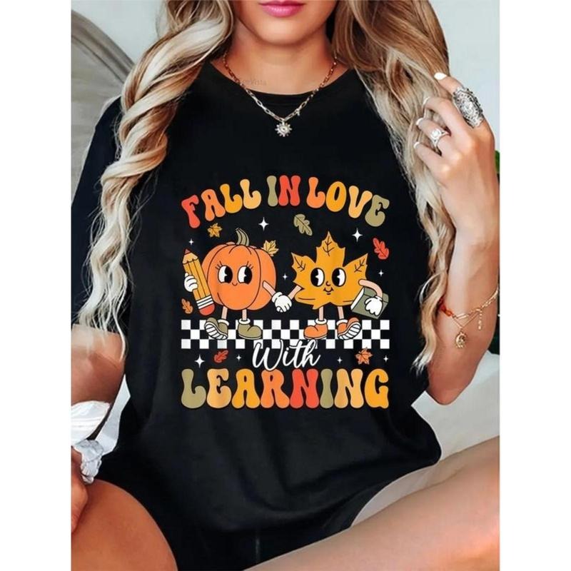 100% Cotton Retro Fall In Love With Learning Autumn Pumpkin Teacher T-Shirt Hoodie, Sweatshirt | PodTeesHub.com