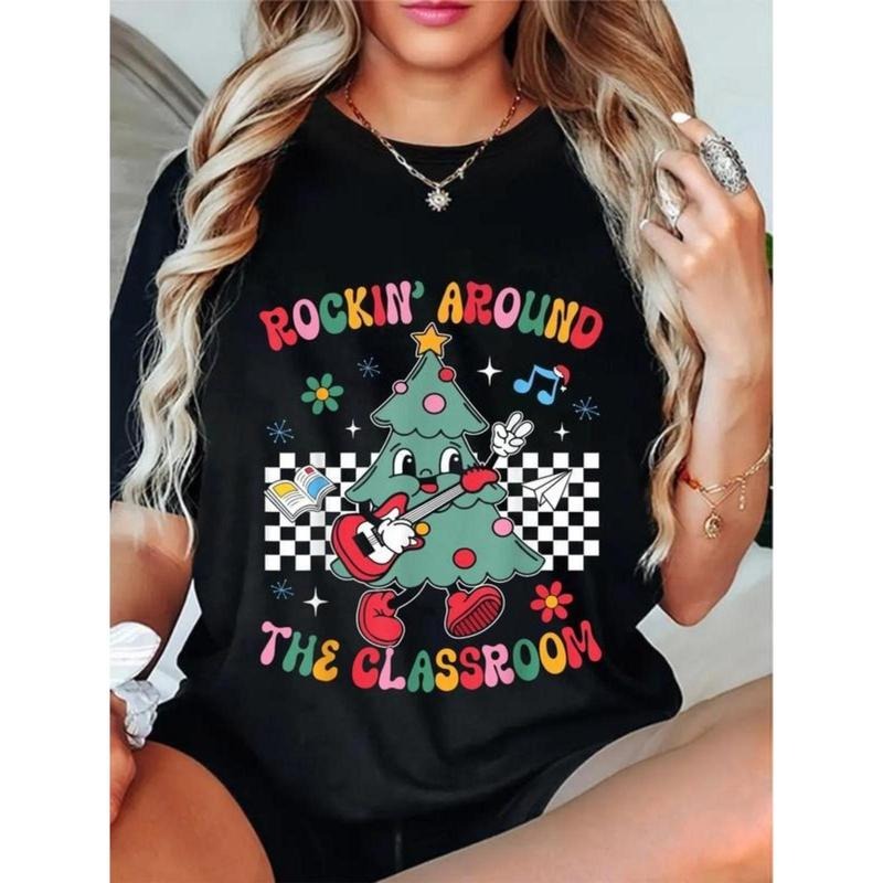 100% Cotton Retro Groovy Teacher Christmas Rockin' Around The Classroom T-Shirt Casual Graphic Printed Tee Hoodie, Sweatshirt
