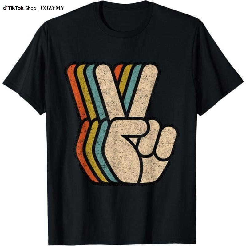 100% Cotton Retro Peace Sign V Fingers Vintage   Cool Graphic T-Shirt Hoodie, Sweatshirt | PodTeesHub.com