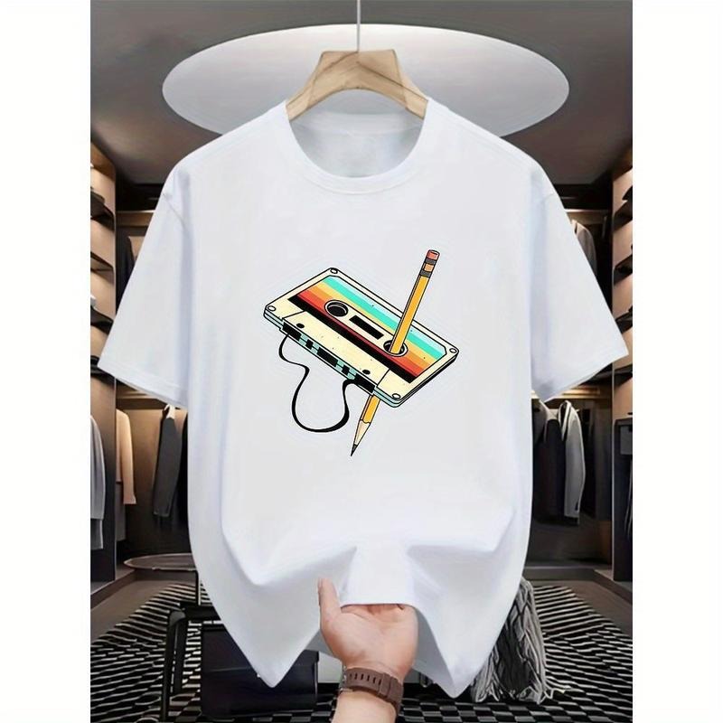 100% Cotton Summer Men'S Cotton T-Shirt With Pencil Print Pattern, Suitable For Outdoor Wear, Men'S Fashion Cotton...