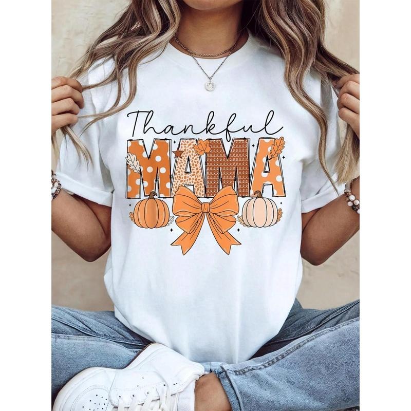 100% Cotton Thanksgiving Graphic Women T Shirt Thankful Mama Coquette Fall Pumpkin Spice Thanksgiving Women T-Shirt style...
