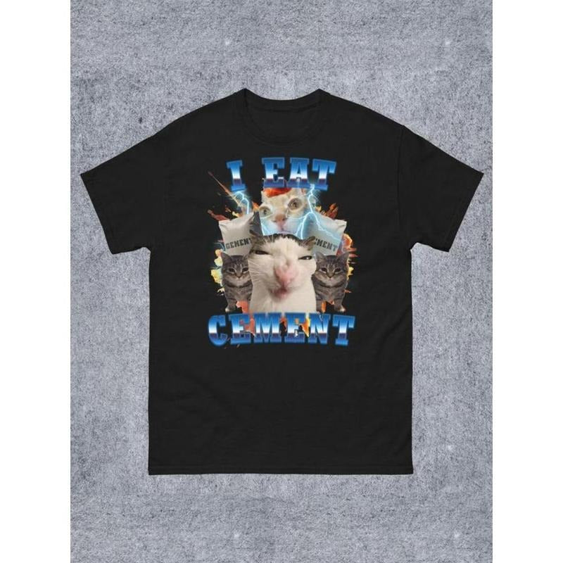 100% Cotton Unisex'S Letter & Cat Print Tee, Casual Fashion Short Sleeve T-Shirt For All Seasons, Clothes For Daily Wear...