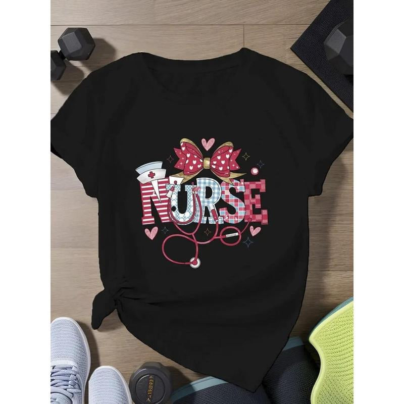 100% Pure, Bow Nurse Themed Printed T-Shirt for Summer Round Neck Short Sleeved Women, with Slight Elasticity,...