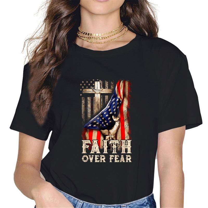 100% cotton Christian US USA Flag American Christ Faith Over Fear Cross T-Shirt women graphic shirts Hoodie, Sweatshirt