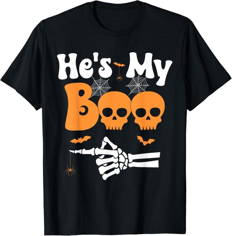 100% cotton He's My Boo Skeleton Couples Matching Couple Halloween T-Shirt women graphic shirts Hoodie, Sweatshirt