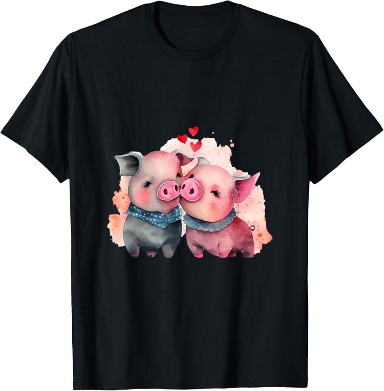 100% cotton Two Loving Pigs In Love Heart Valentine's Day Pig T-Shirt casual Fashion graphic tees for women Hoodie,...