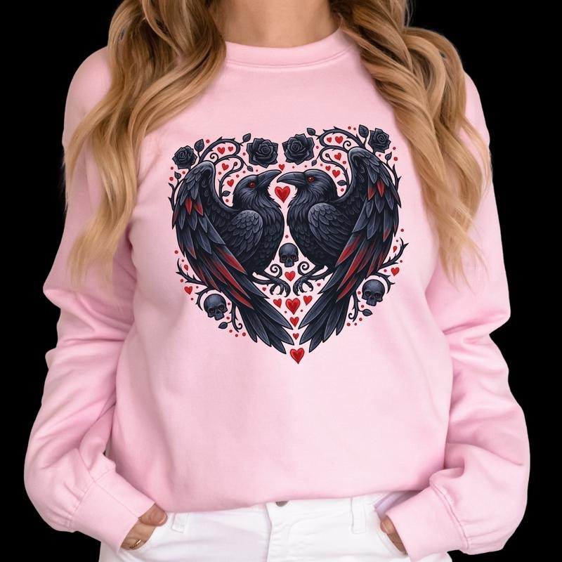 102. RAVENS IN A HEART SHAPE VALENTINE'S DAY Graphic Tees Casual T-Shirt Long Sleeve Crewneck or Hoodie Grunge Alt...