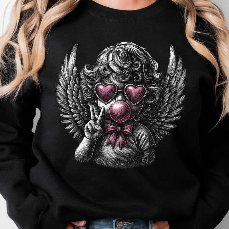 103. CUPID BLOWING BUBBLEGUM WITH WINGS VALENTINE'S DAY Graphic Tees Casual T-Shirt Long Sleeve Crewneck or Hoodie Grunge...