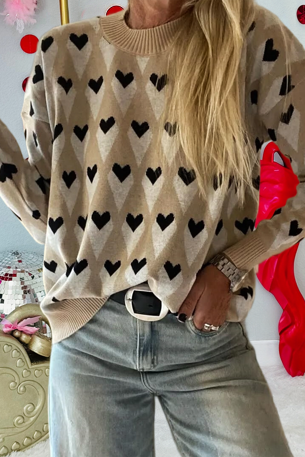 Geometric Heart Print Ribbed Trim Loose Sweater (S-Xl) T-Shirts, Hoodie, Sweatshirt | PodTeesHub.com