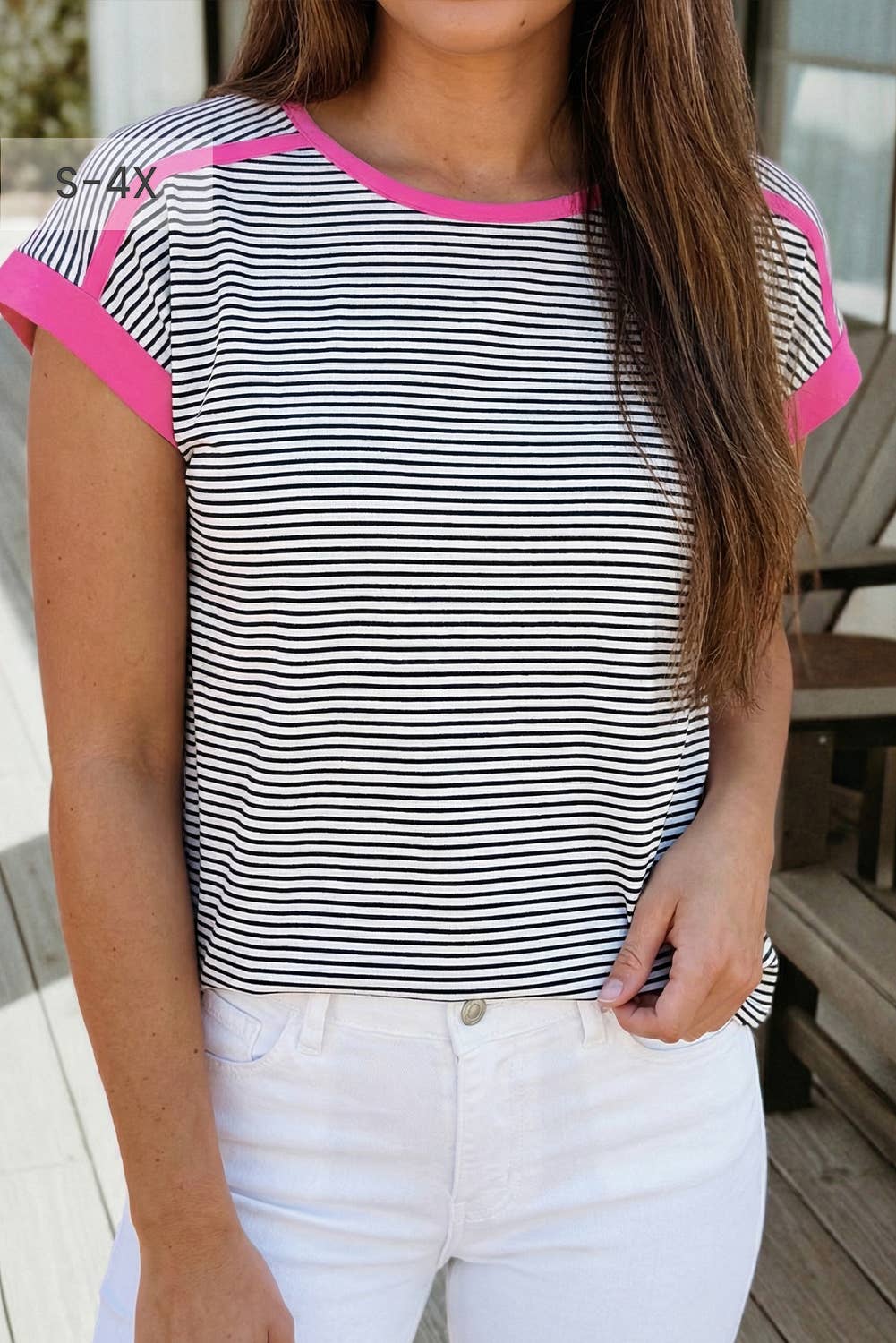 Plus Size Stripe Contrast Trim Round Neck T Shirt (S-4X) Hoodie, Sweatshirt | PodTeesHub.com
