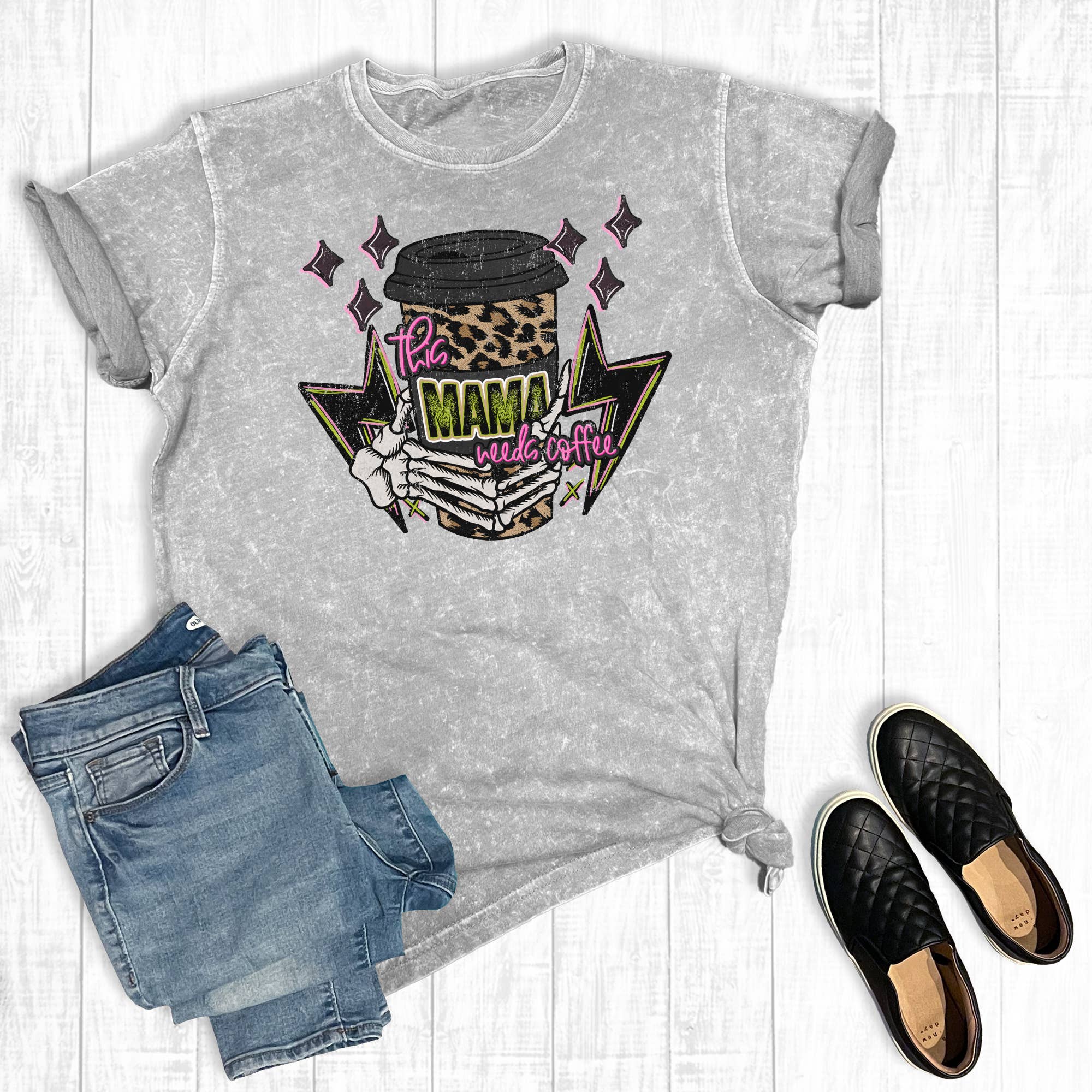 This Mama Needs Coffee Mineral Wash Graphic Tee Hoodie, Sweatshirt | PodTeesHub.com
