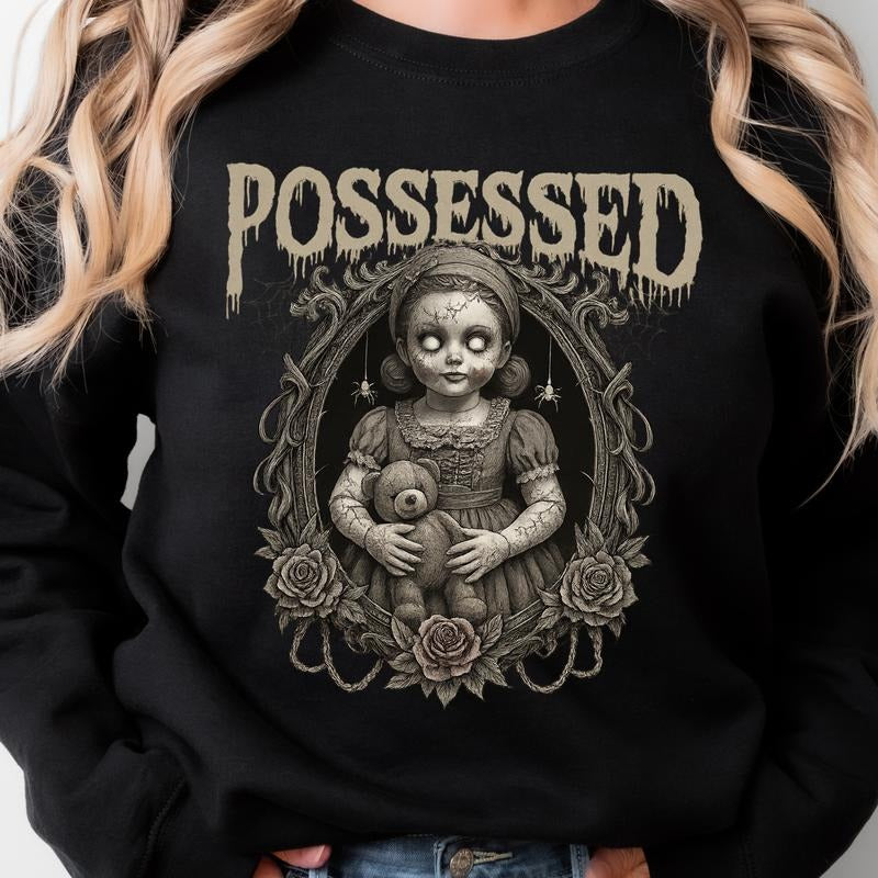 105T. POSSESSED DOLL DARK & EDGY Graphic Tees Casual T-Shirt Long Sleeve Crewneck or Hoodie Grunge Alt Aesthetic Edgy...