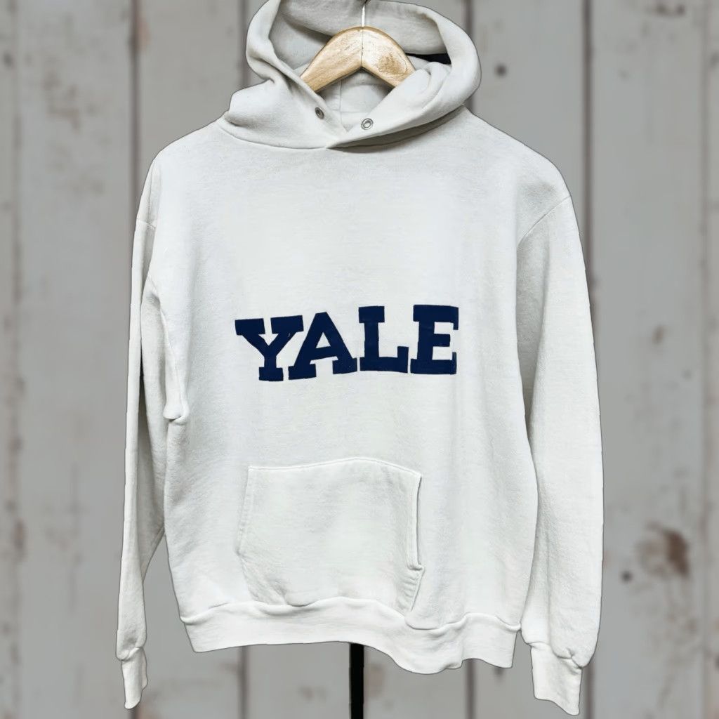 Vintage Yale Hoodie Ivy League Boxy Cropped Fit Distressed Medium Shirt Mens M White 1980s U Sweatshirt | PodTeesHub.com