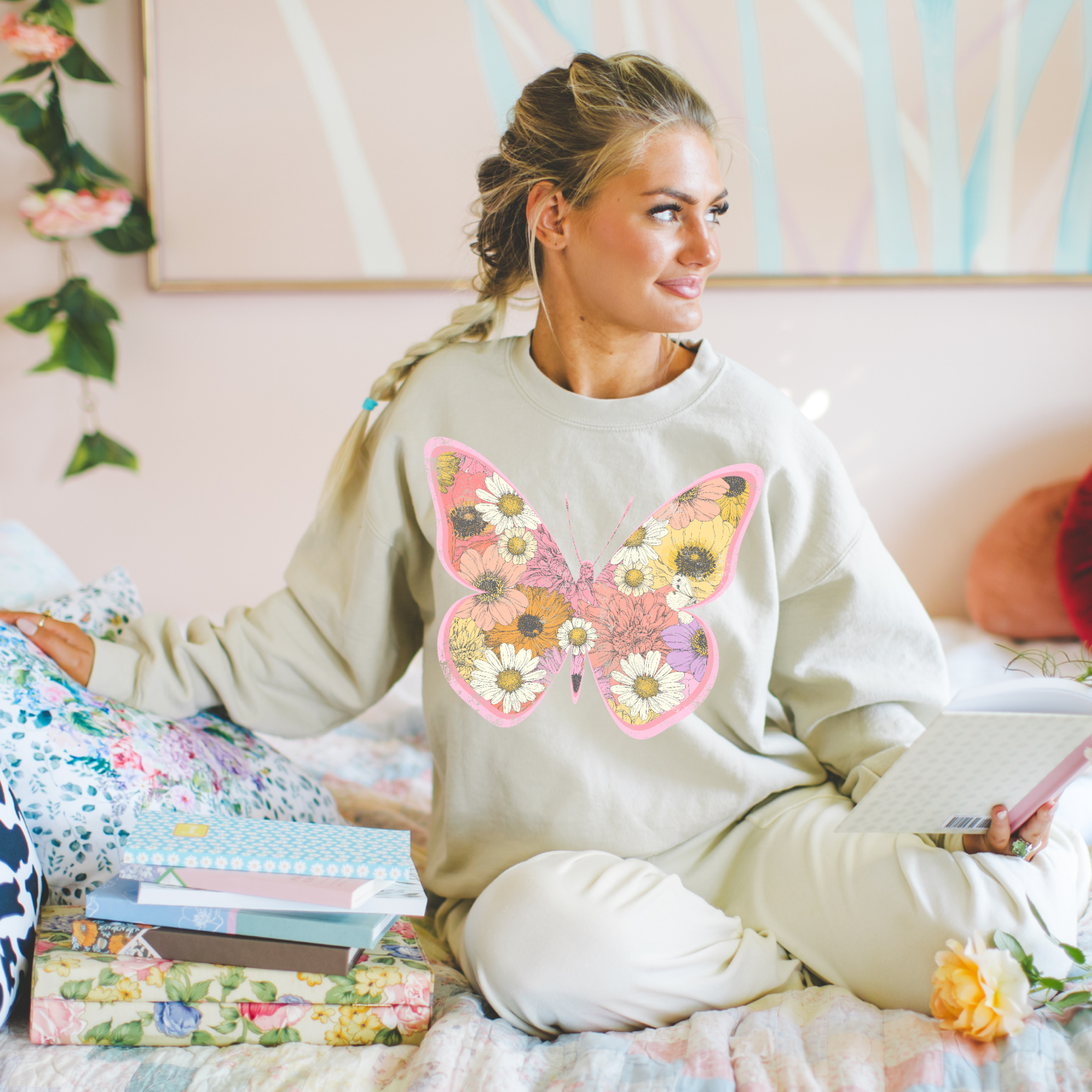 Floral Boho Butterfly Graphic Tee Crewneck Hoodie, Sweatshirt | PodTeesHub.com