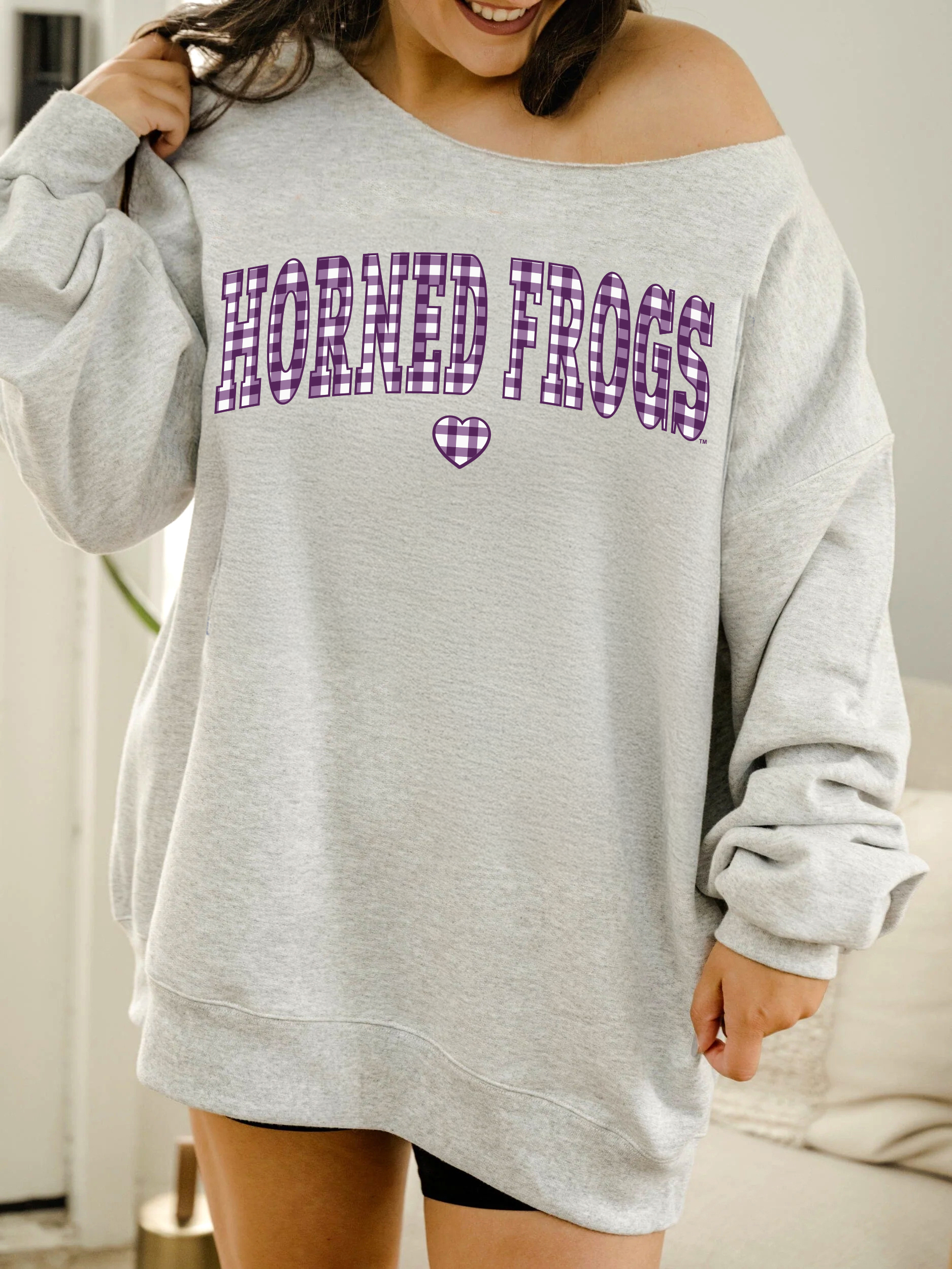 Tcu Horned Frogs Gingham Heart Gray Flashdance Sweatshirt T-Shirts, Hoodie | PodTeesHub.com