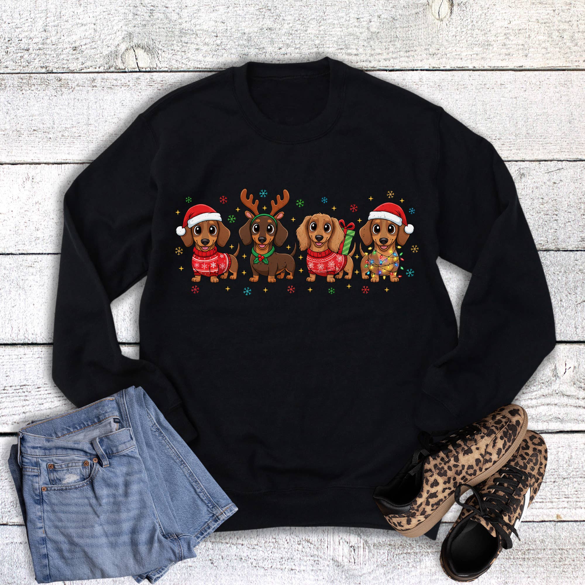 Christmas Santa and Reindeer Weenie Dogs Sweatshirt T-Shirts, Hoodie | PodTeesHub.com