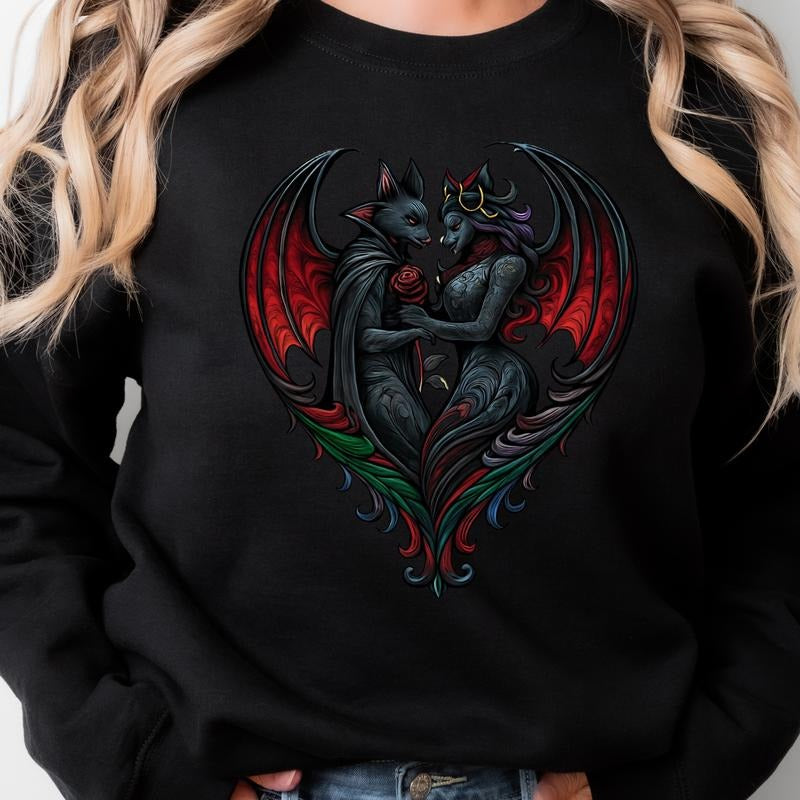 112T. DARK VALENTINE'S DAY WITH GOTHIC BATS. DARK & EDGY Graphic Tees Casual T-Shirt Long Sleeve Crewneck or Hoodie...