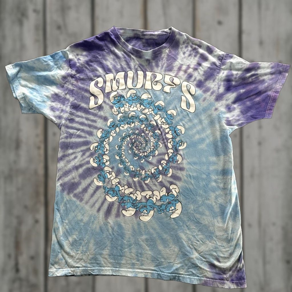 Vintage Smurfs Shirt Mens Medium Blue Purple Tie Dye Spiral Graphic Cartoon Tee Hoodie, Sweatshirt | PodTeesHub.com