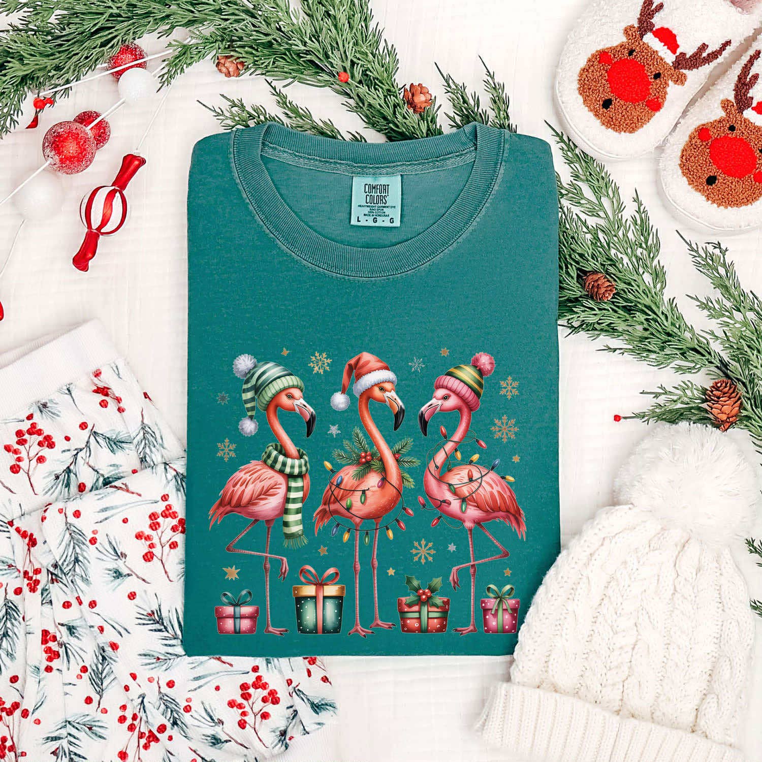 Christmas Flamingos Tee Hoodie, Sweatshirt | PodTeesHub.com