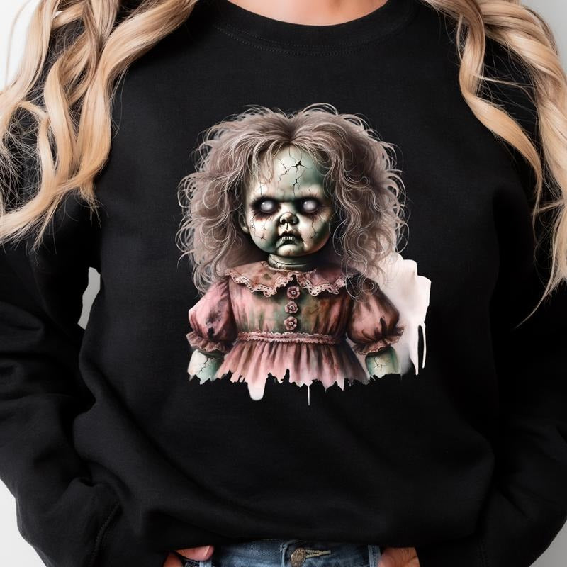 114T. CREEPY DOLL CHARACTER Graphic Tees Casual T-Shirt Long Sleeve Crewneck Grunge Alt Aesthetic Edgy Streetwear...