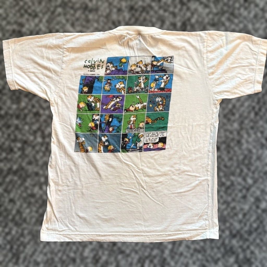 Vintage Calvin Hobbes Bill Watterson Cartoon M White Crew Neck Short Sleeve L T-Shirts, Hoodie, Sweatshirt