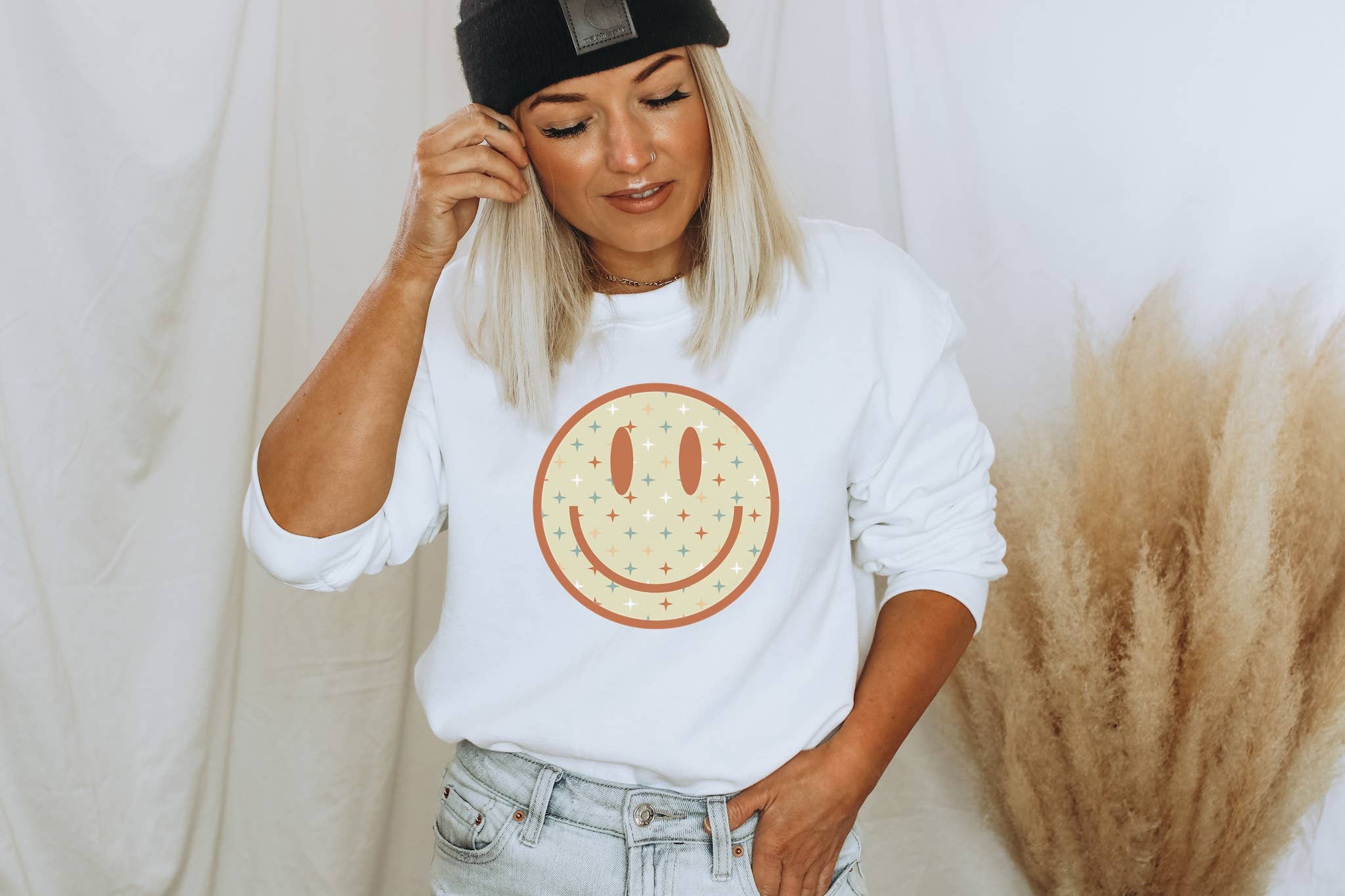 Retro Sparkle Happy Face Crew Neck Sweatshirt T-Shirts, Hoodie | PodTeesHub.com