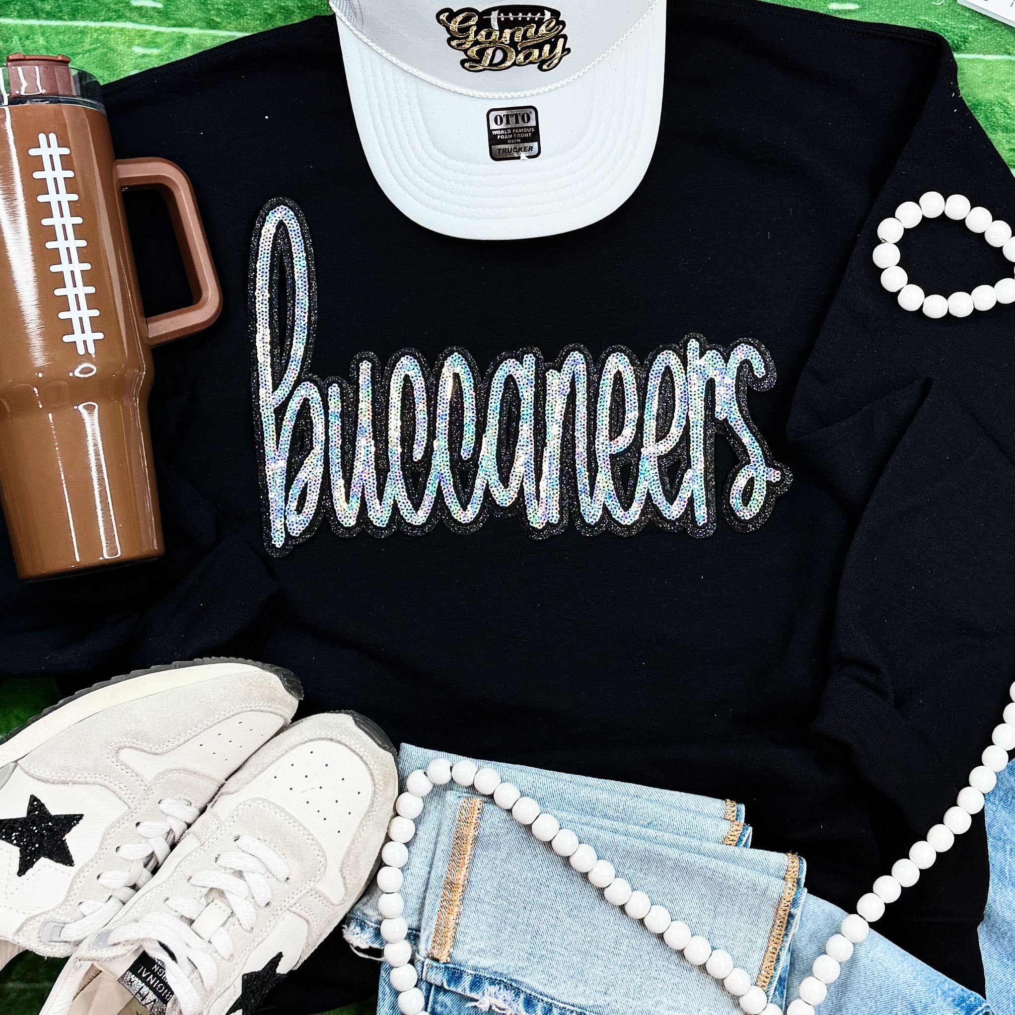 Buccaneers Sequin Patch Black Crewneck Sweatshirt T-Shirts, Hoodie | PodTeesHub.com