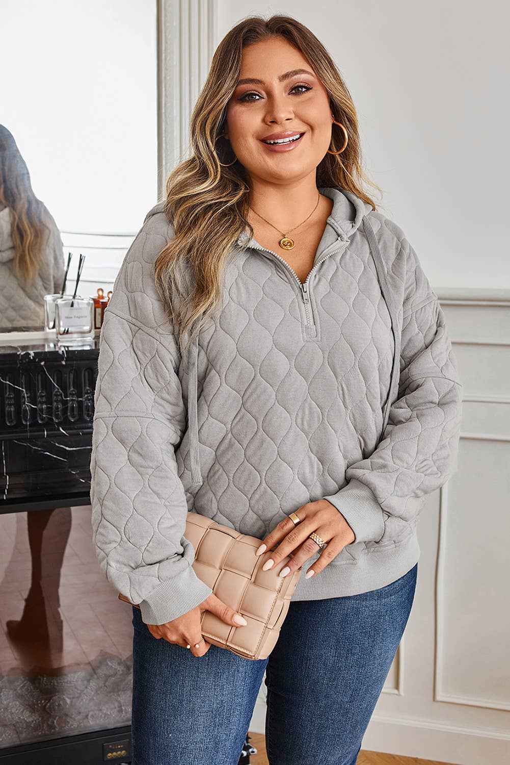 Quilted Quarter Zip Plus Size Long Sleeve Hoodie T-Shirts, Sweatshirt | PodTeesHub.com