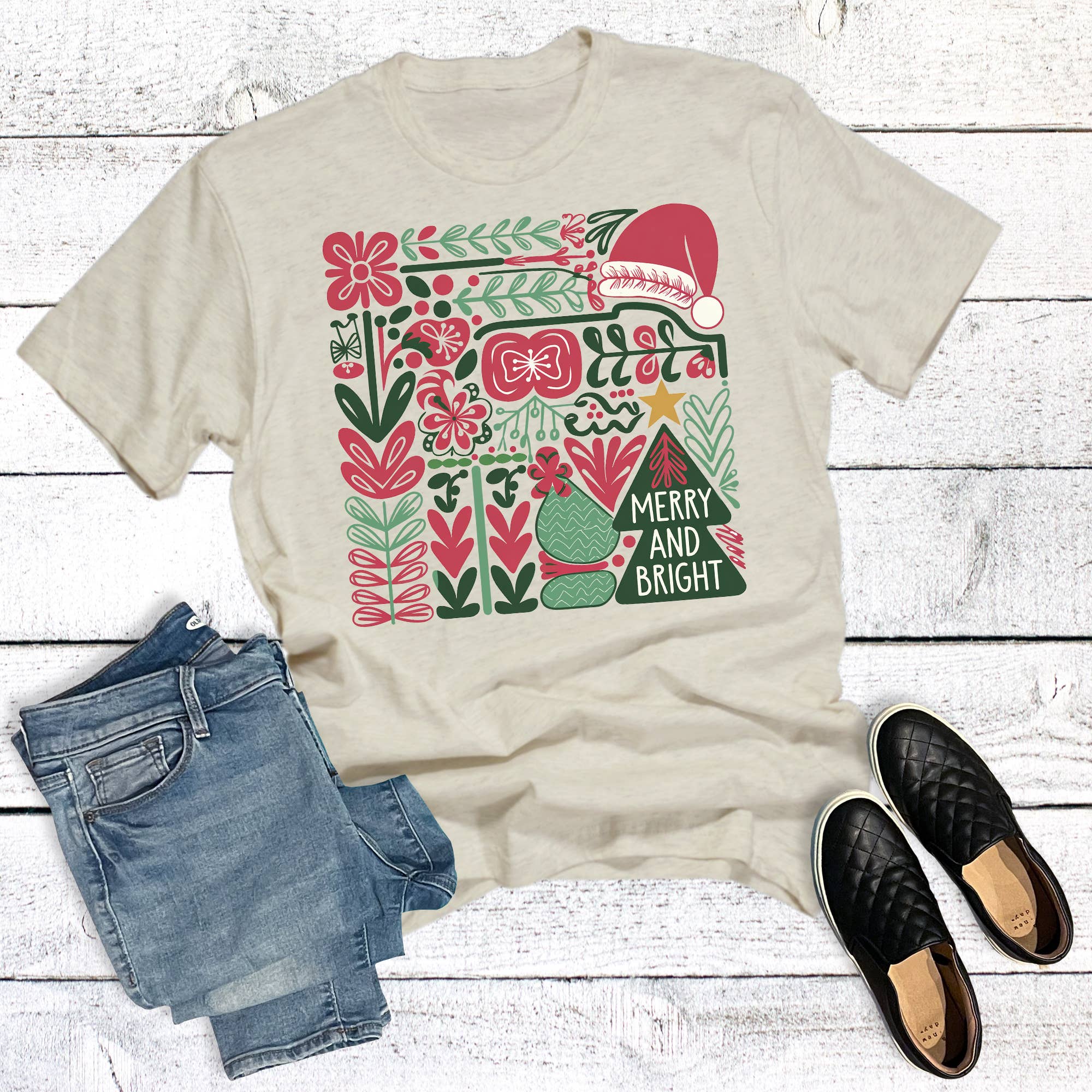 Retro Floral Merry and Bright Christmas Graphic Tee Hoodie, Sweatshirt | PodTeesHub.com