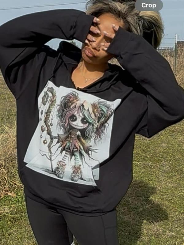 130. CREEPY DOLL WITH DISTRESSED HOODIE Graphic Tees Casual T-Shirt Long Sleeve Crewneck or Hoodie Grunge Alt Aesthetic...