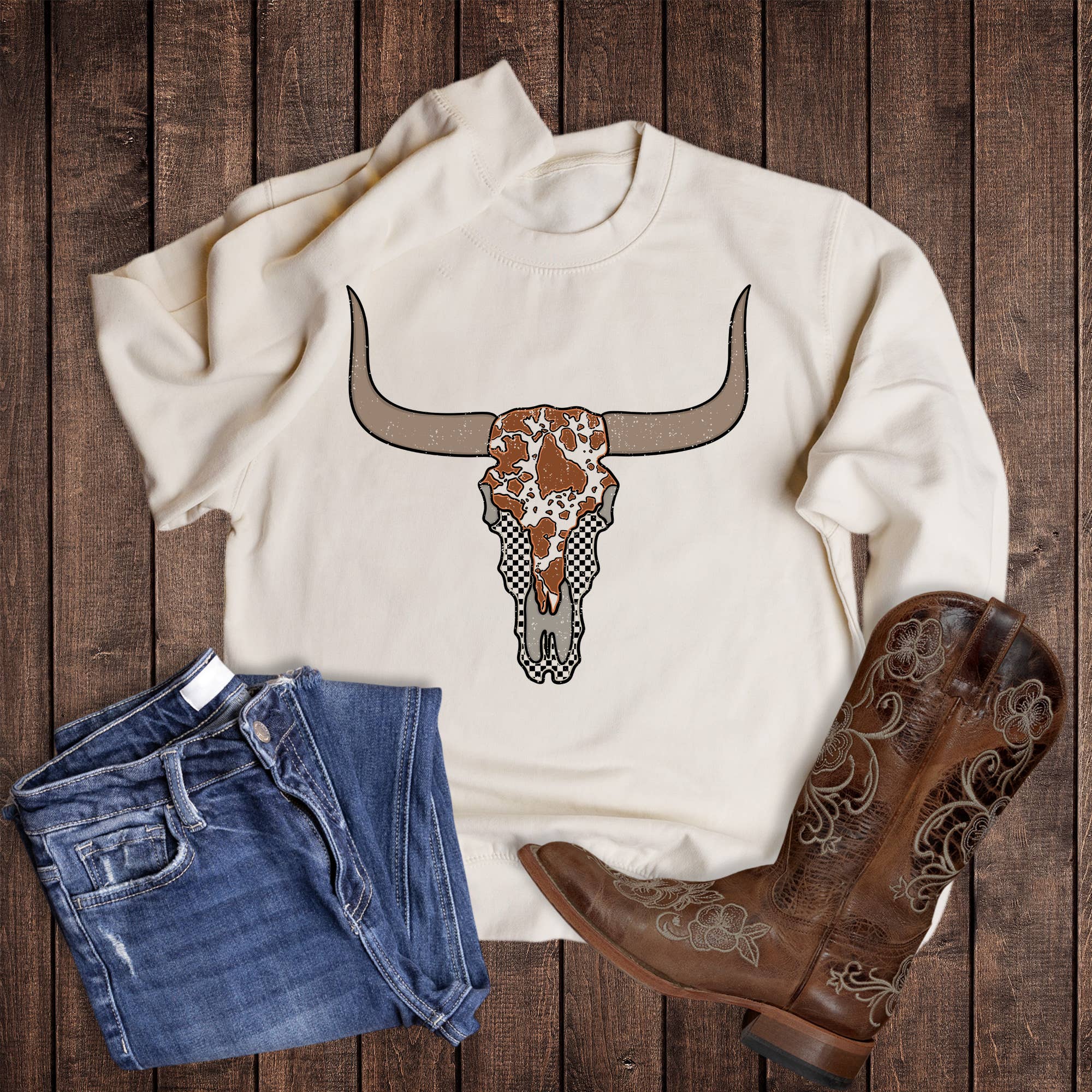 Western Check Cow Print Cow Skull Sweatshirt T-Shirts, Hoodie | PodTeesHub.com
