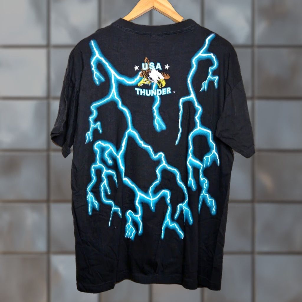 Vintage American Thunder T Shirt Mens Xl Black 90s Deadstock Rare Graphic Print Short Sleeve Hoodie, Sweatshirt