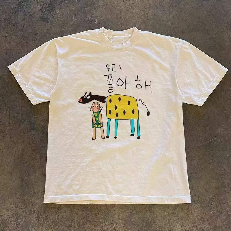 Japanese Brand White Washed Retro Cartoon Print T Shirt Hoodie, Sweatshirt | PodTeesHub.com