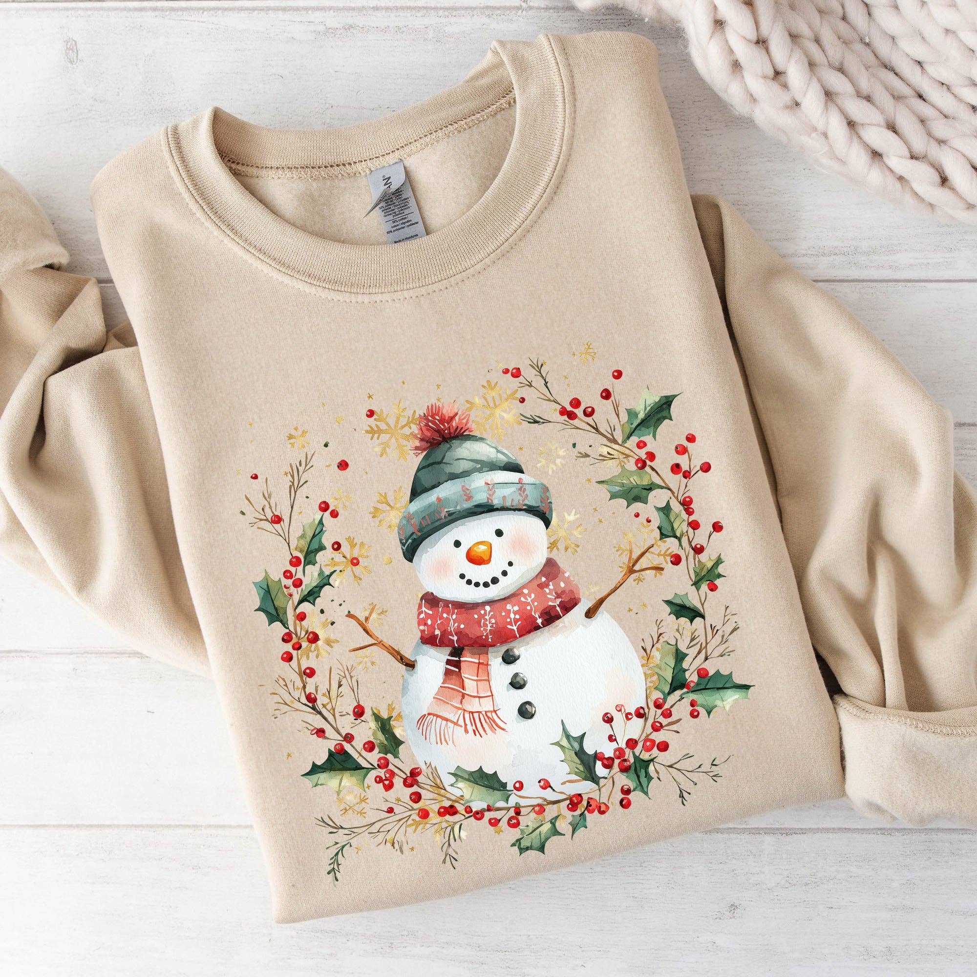Snowman, Wreath, Christmas Botanical, Holly Cute Sweatshirt T-Shirts, Hoodie | PodTeesHub.com