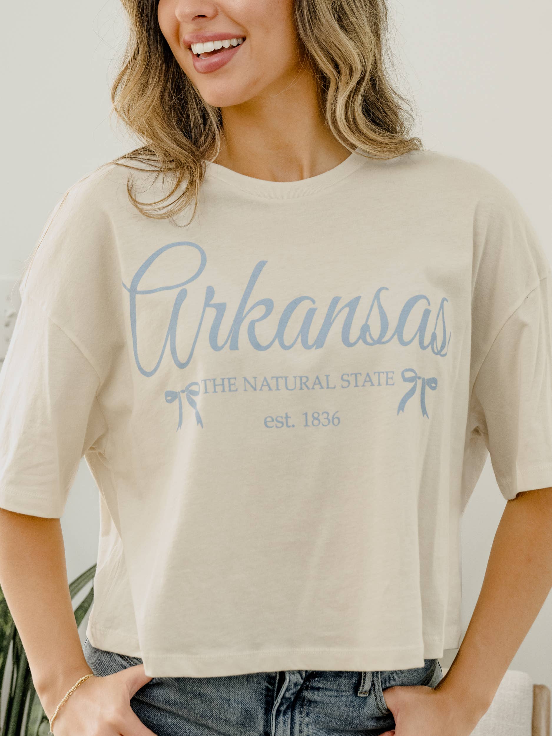Arkansas Established Bows Off White Cropped Tee Hoodie, Sweatshirt | PodTeesHub.com