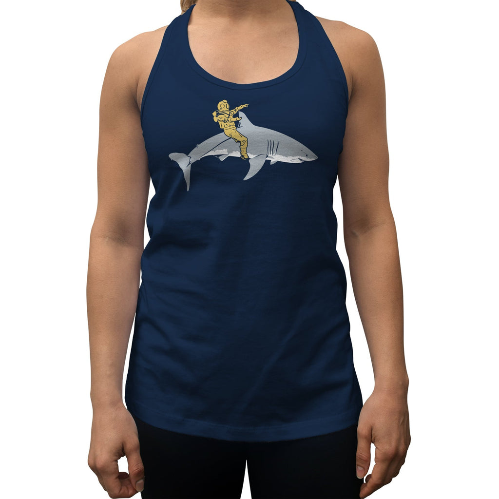 Women's Diver Riding a Shark Racerback Tank Top