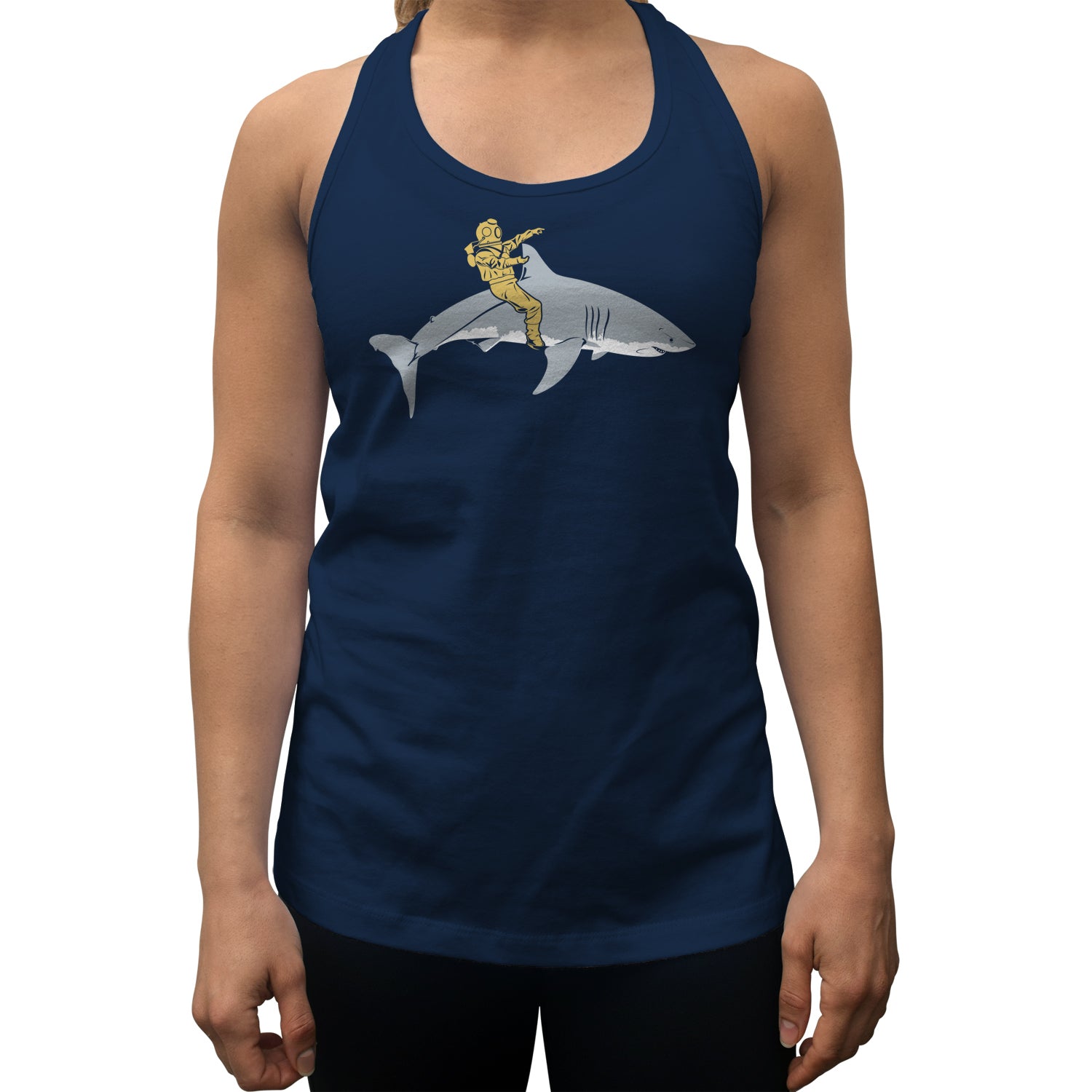 Women's Diver Riding a Shark Racerback Tank Top