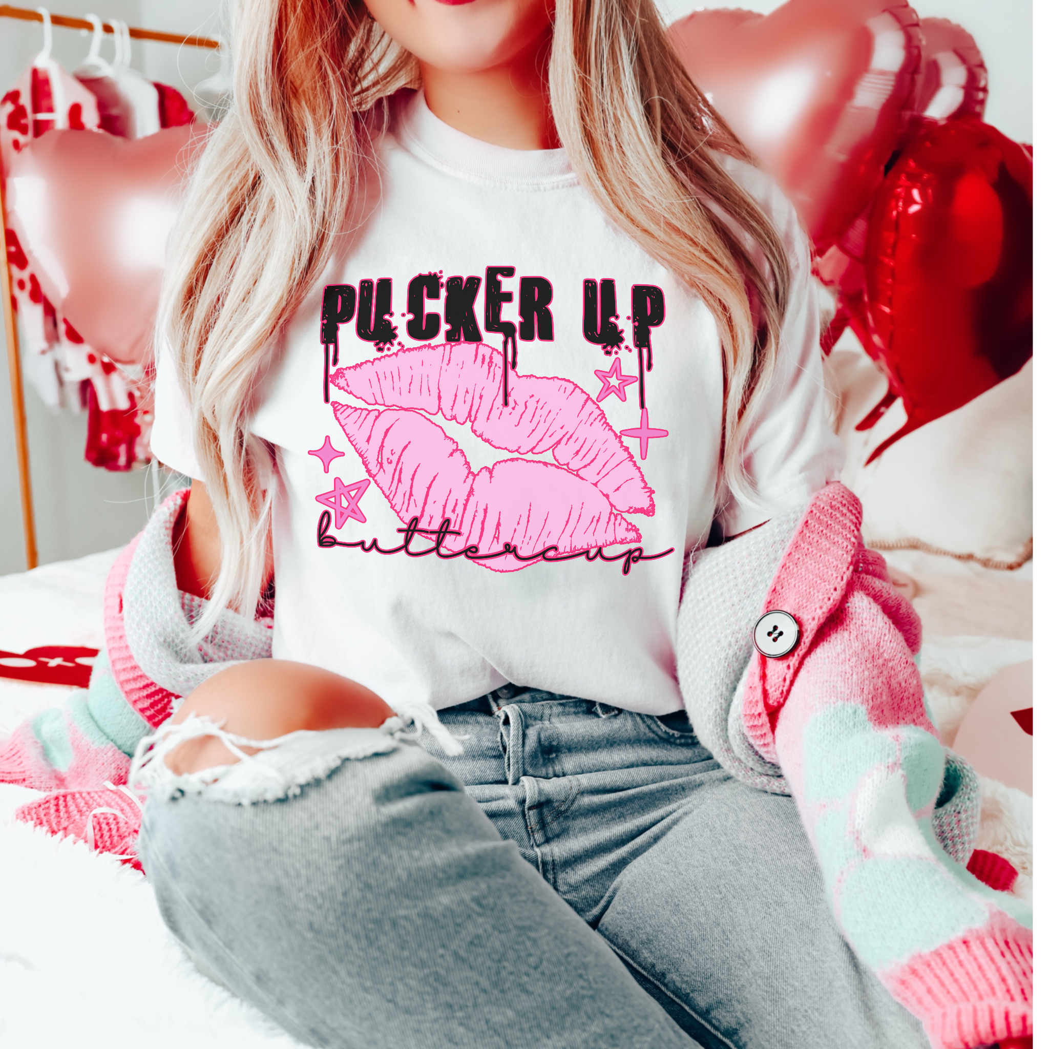 Pucker Up Buttercup Grunge Valentines Graphic Tee Hoodie, Sweatshirt | PodTeesHub.com