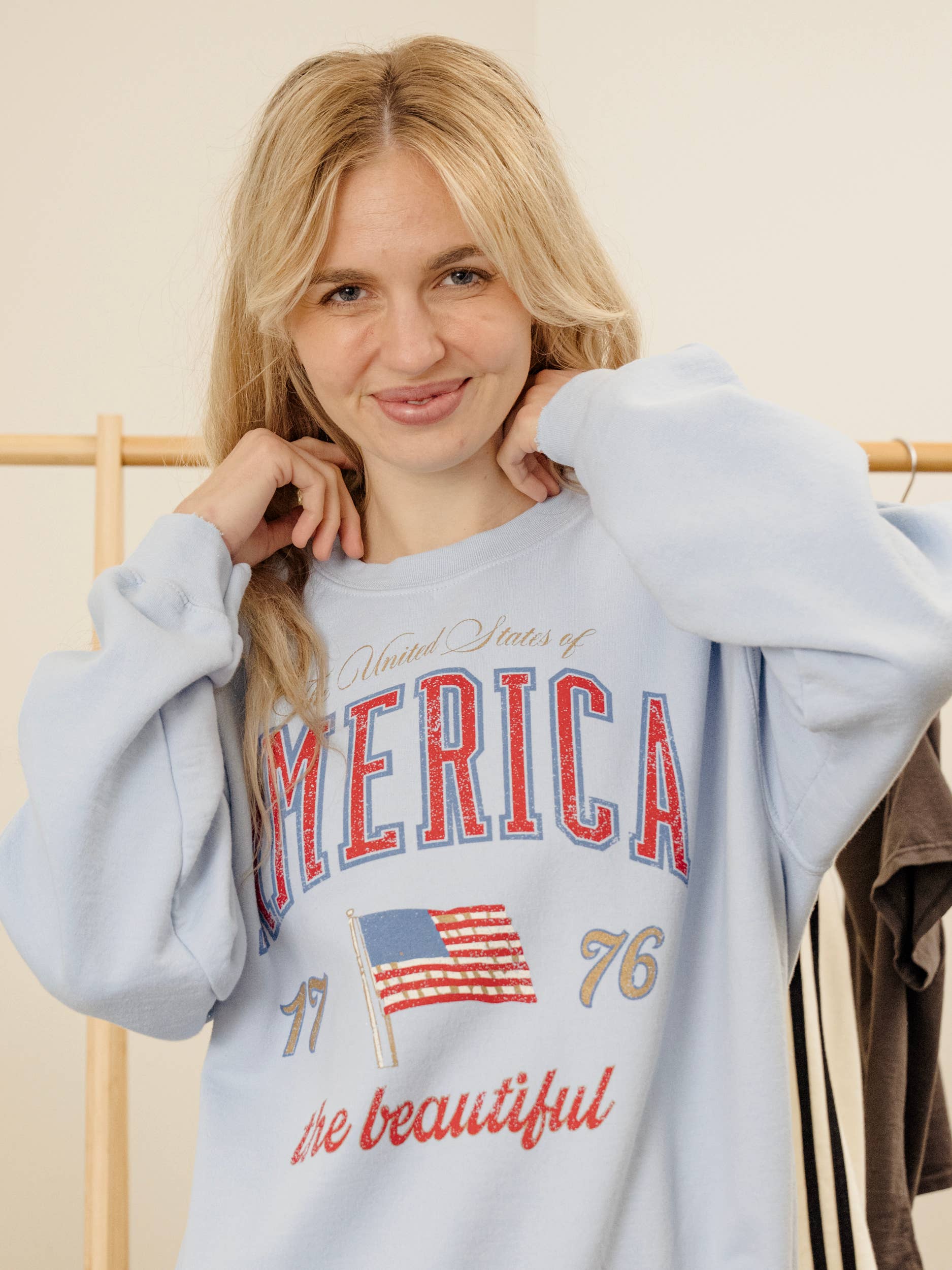 4th of July America USA Wave Arch Blue Thrifted Sweatshirt T-Shirts, Hoodie | PodTeesHub.com