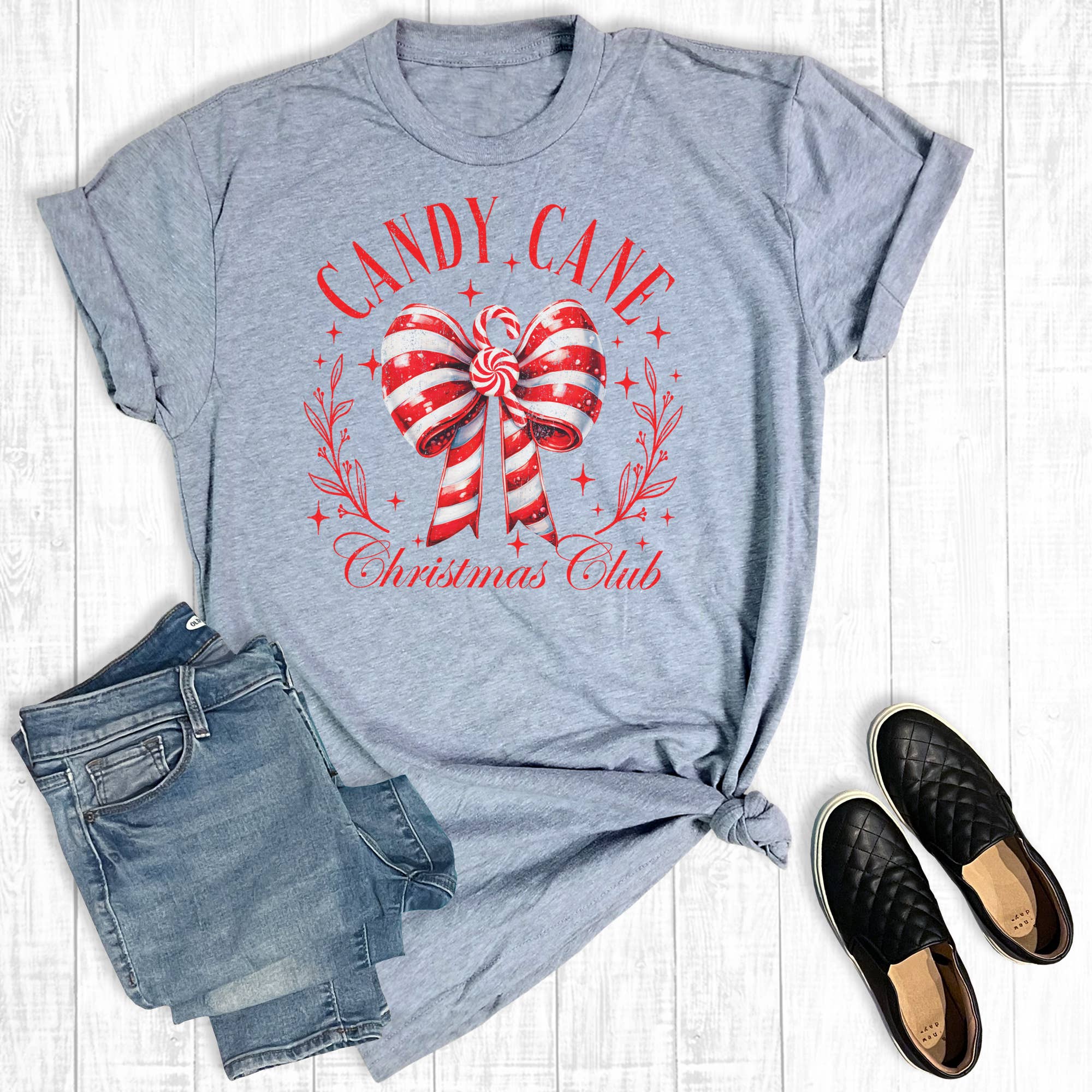 Christmas Candy Cane Christmas Club Bow Graphic Tee Hoodie, Sweatshirt | PodTeesHub.com
