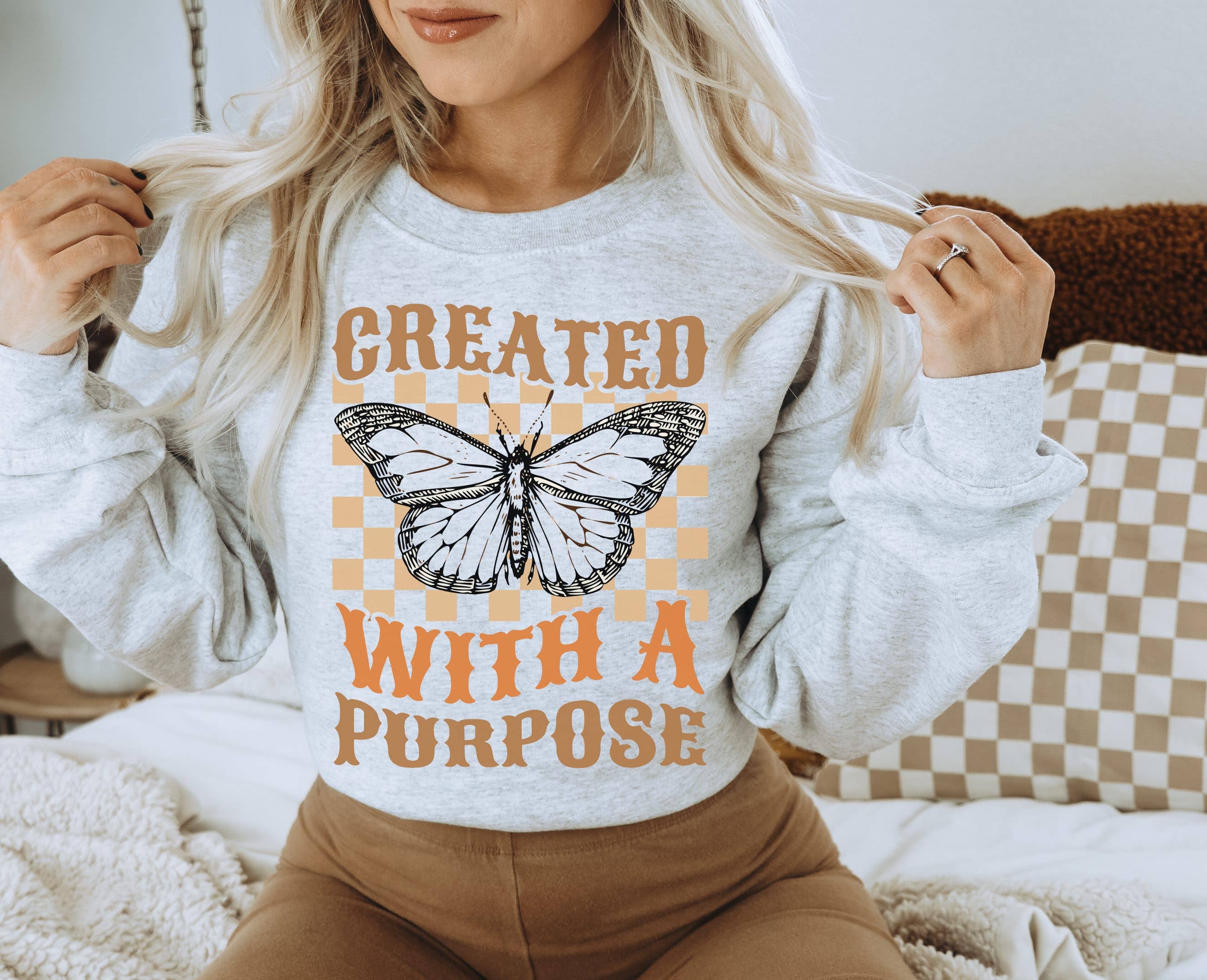 Checkered Created with A Purpose  Crew Neck Sweatshirt T-Shirts, Hoodie | PodTeesHub.com