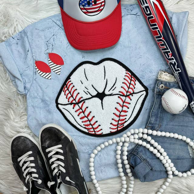 Baseball Lips Chenille Patch Pigment Dyed Tee Hoodie, Sweatshirt | PodTeesHub.com